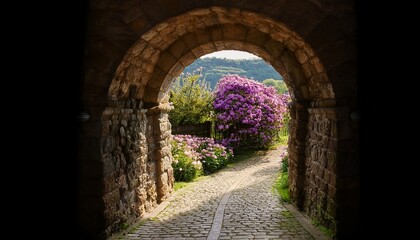 stone archway entrance with blooming flowers and st