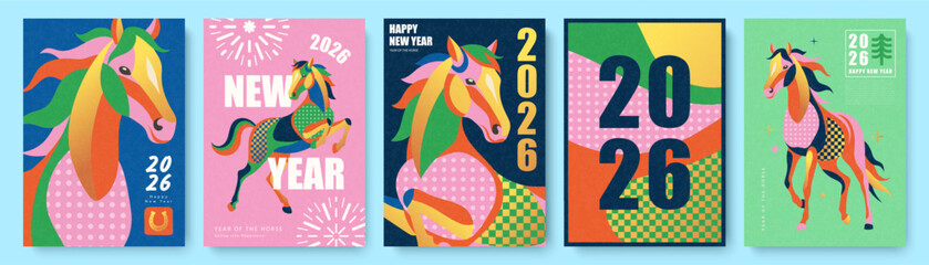 Set of modern vertical New Year card designs for 2026, featuring a vibrant stylized horse with geometric patterns, celebrating the Year of the Horse, for festive greetings, vector illustration.