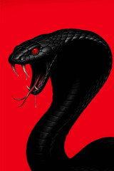 Black Snake with Red Eyes and Fangs &ndash; Aggressive Cobra on Red Background