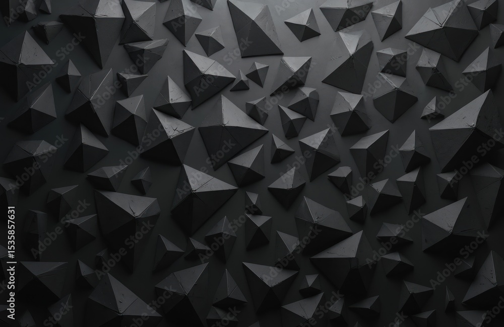 Poster 3d illustration dark polygonal abstract background. Black triangles geometric shapes create futuristic design. Grunge surfaces with a textured appearance in technology concept.