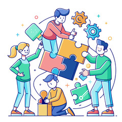 Line icon of people building a puzzle together (collaborative problem solving)