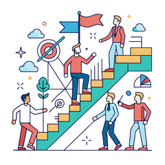 People on stairs leading to a flag (growth under leadership)