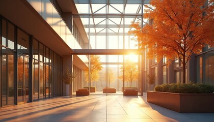 Modern atrium with glass roof. Interior design with autumn trees, foliage bathed in sunlight. Commercial building, natural light, sunbeams create warm atmosphere during golden hour.