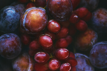 Background with purple plums and red grapes in water