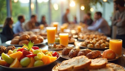 Breakfast buffet with various foods. Fresh fruit, pastries, bread, orange juice at morning meeting. Catering for seminar, business events. Healthy food at corporate events.