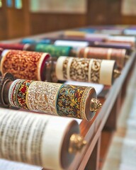 Judaism Synagogues Torah Scrolls: Photograph the Torah scrolls, the most sacred text in Judaism, often adorned with beautiful covers and kept in the ark.