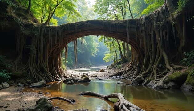 Living root bridge near Riwai village, Cherrapunjee, Meghalaya. Tree roots meticulously guided over generations, creating natural bridge. Scenic nature background, river, forest. Famous travel