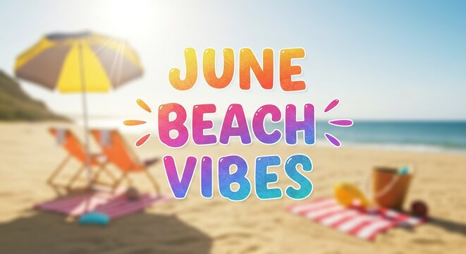 "June Beach Vibes" Text with Colorful Letters on a Blurred Summer Beach Background – Ideal for Holiday Promotions and Seasonal Themes.

