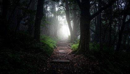 Misty forest path leading to light