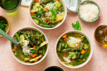 Minestrone soup with pesto.style hugge.selective focus