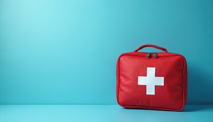 Red first aid kit bag on blue backdrop. Medical supplies ready for emergency situations. Safety equipment for immediate rescue. Healthcare concept for hospitals clinics doctors or first aid courses.