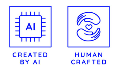 Vector linear badges with opposite creation methods,  generated by artificial intelligence and handcrafted by human hands,  logos and minimalist design elements for AI-generated and human-made content