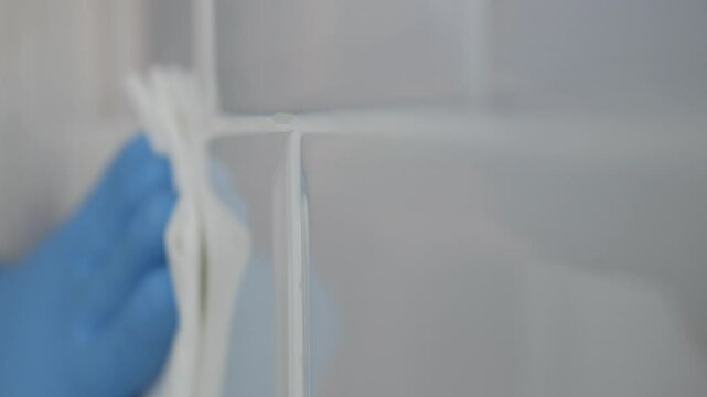 Man Wearing Gloves in Hands Cleans Bathroom Faience. Household Chores, Cleaning and Sanitizing the Faience in the Kitchen. 