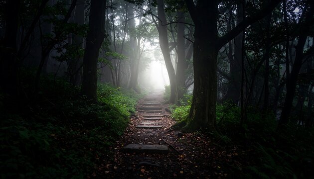 Misty forest path leading to light