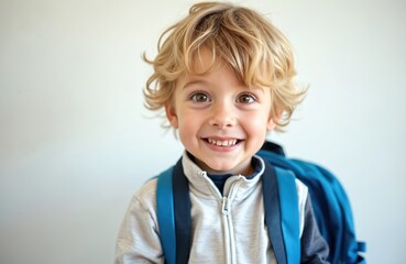 Portrait happy boy looking camera with brown eyes. Excited child wearing backpack, ready go adventure. Positive, smiling face. Summer school camp. Cheerful kid, outdoor activity.