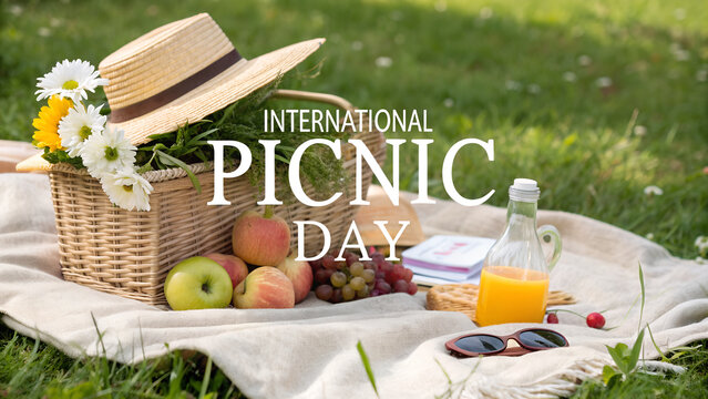 Picnic basket with flowers and food sits on a blanket for international picnic day - Powered by Adobe