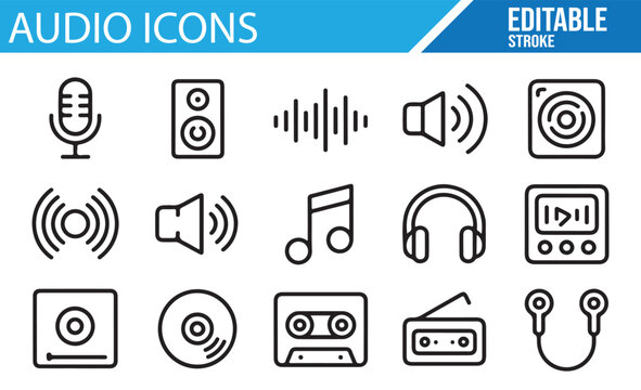 Minimalist Audio Equipment and Music Icons in Editable Stroke

