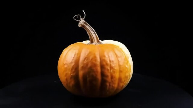 A half white and half orange pumpkin with a stem on a dark surface in a studio setting