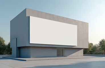 Fototapeta premium Modern clean building exterior with blank white billboard. Advertisement display, advertising concept. Commercial information space. Empty ad template. Digital marketing, business presentation.