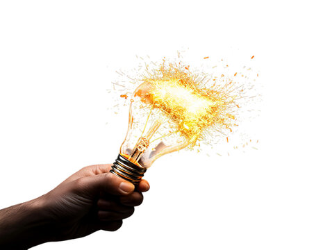 A close-up of a hand holding a light bulb that is bursting with sparks, symbolizing creativity and innovation.