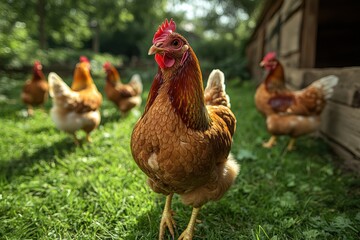 Free-range hens enjoy grass in a sunny coop environment