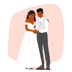 Romantic bride and groom wearing traditional wedding garment standing together cartoon portrait