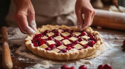 Warm nostalgic kitchen scene Woman making cherry pie closeup