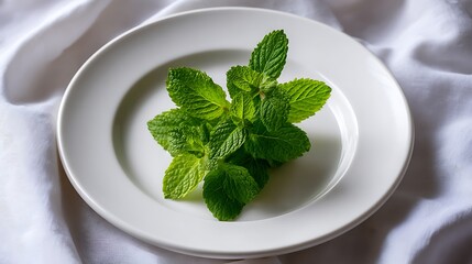 Fresh Mint Leaves on a White Plate