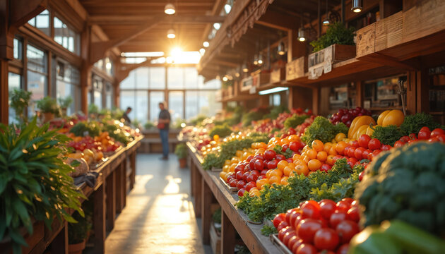 Indoor market fresh produce under sunlight. Wooden beams provide rustic backdrop to colorful fruits vegetables arrangement. Sunlight enhances organic food display, offering customers healthy shopping.
