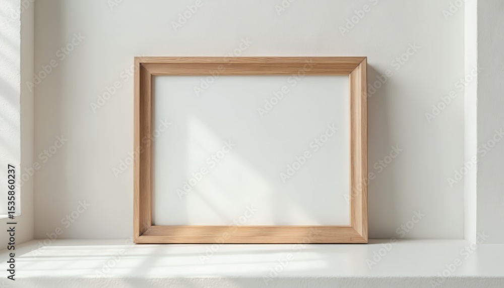 Poster empty wooden frame on white surface in studio. minimalist design, natural light creates soft shadows