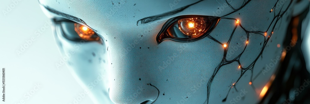 Poster futuristic robot face with neural designs and glowing eyes in a high-tech environment