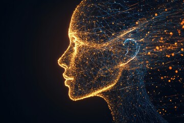 Glowing lines create a digital representation of a human face in a futuristic design