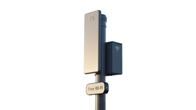 Modern street light featuring 5g and free wi fi technology, enhancing urban connectivity and communication, presented with a transparent background for seamless design integration