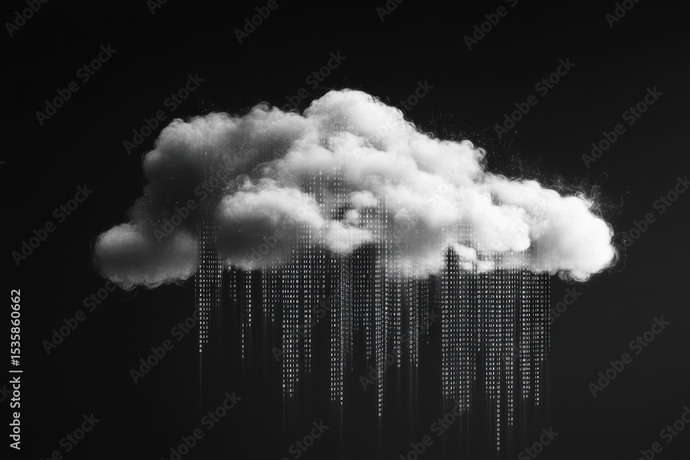 Aufkleber graphic layout of an abstract cloud with digital rain in a monochromatic style