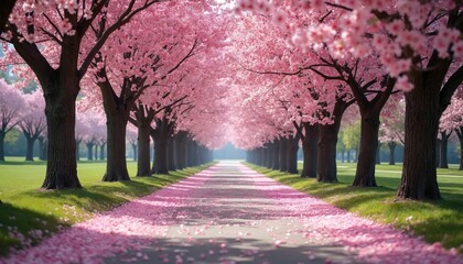 Naklejka premium Pink cherry blossom pathway in park. Blooming trees, fallen petals on road, spring scenery. Japan sakura park, idyllic landscape, nature background. Blossoms petals on pathway. Springtime travel, zen