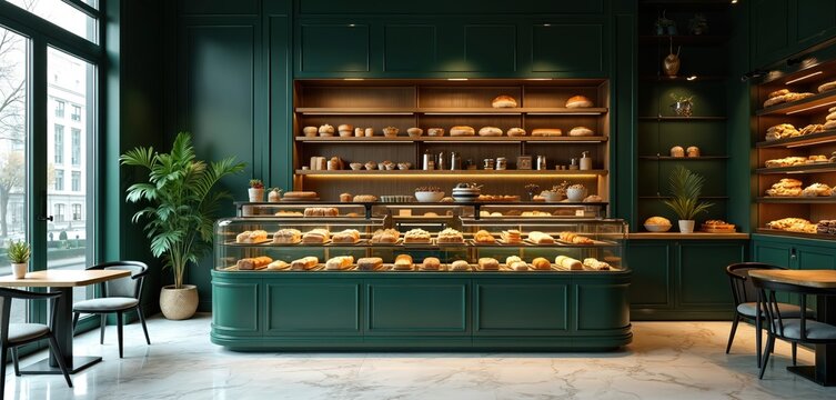 Modern bakery coffee shop interior. Dark green, gold design. Elegant display case with fresh breads pastries, desserts. Tables chairs for cozy eating. Delicious pastries, cakes, bread. Luxury home