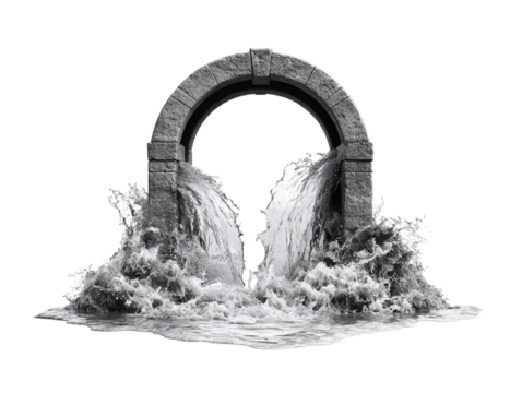A stunning stone arch with turbulent water pouring through, symbolizing the merging of strength and fluidity.