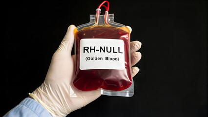 Gloved hand holds a bag of rh null golden blood for medical research
