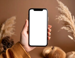 Woman holding smartphone with white screen in autumn setting