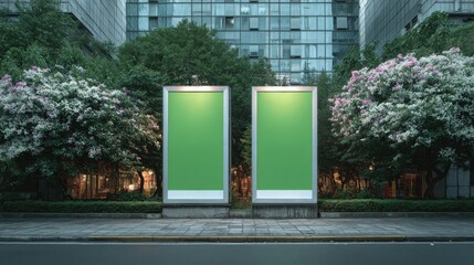 Two Blank Green Billboards Mockup on a Sidewalk Amidst Lush Trees and Modern City Buildings for Outdoor Advertising