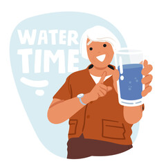 Grey-haired elderly woman character promoting water time for maintaining hydrobalance cartoon scene