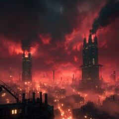 Dystopian city skyline at dusk with red sky and smoking towers.
