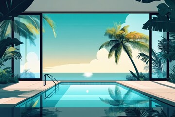 Relaxation oasis with serene pool and ocean view at a tropical resort during sunset