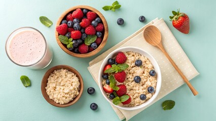 Healthy oatmeal breakfast bowl with berries and smoothie