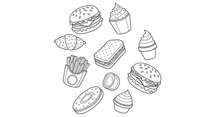 Coloring page of fast food burger fries ice cream cupcake sandwich donut illustration on transparent background
