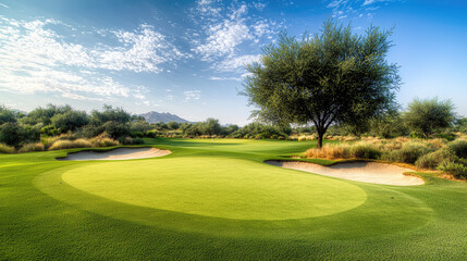 Golf course green grass sand bunker tree blue sky landscape outdoor sunny peaceful nature