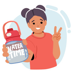 Pretty girl child character enjoying refreshment and stay hydrated promoting water time cartoon
