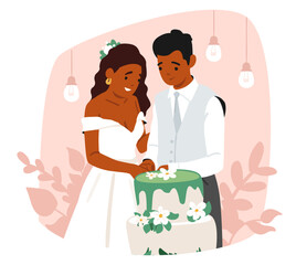 Happy loving newlyweds couple cutting bridal cake enjoying traditional wedding ceremony ritual