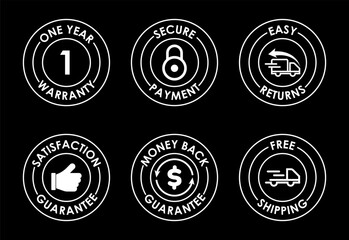 E-commerce badges icons set. Online shopping icon sign white on black background