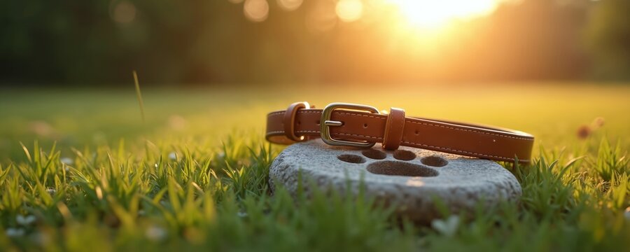 Pet memorial with paw print stone and brown leather collar in sunlight. Remembrance symbol of loss, tribute to animal friend. Peaceful pet cemetery, heartwarming memory concept.